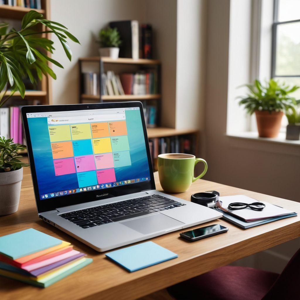 A modern workspace featuring a laptop, colorful sticky notes, and coffee cup, surrounded by tech gadgets like a smartwatch and headphones. The backdrop showcases a blend of lifestyle elements such as an indoor plant, books, and a cozy chair. Incorporate vibrant colors to reflect creativity and innovation in digital content creation. super-realistic. vibrant colors. 3D.