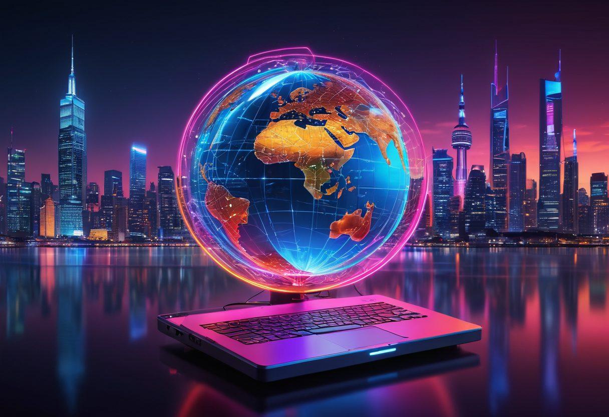 A vibrant globe symbolizing the digital hemisphere with interconnected networks and diverse blog icons emerging from different continents. The background features a futuristic skyline, blending technology and creativity, while a quill and laptop rest in the foreground. Bright colors and glowing effects enhance the sense of innovation and trendiness. cyberpunk. vibrant colors. 3D.